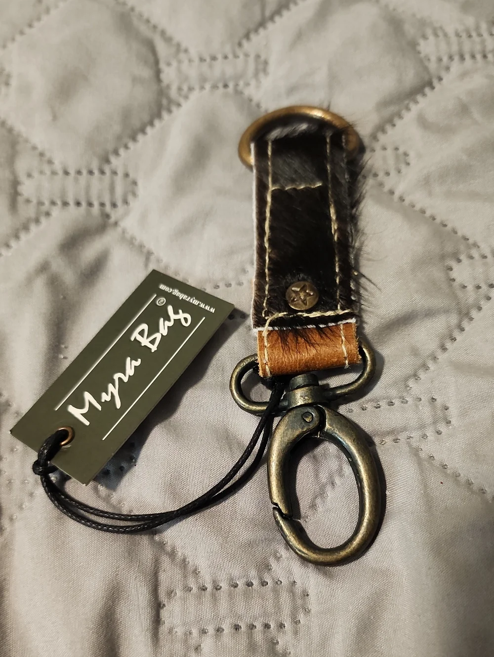 Myra Bag Black and Brown Leather Key Clip with Antique Brass Hardware